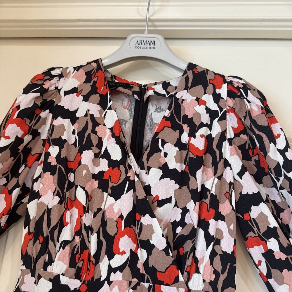 Ted Baker London Floral Size XS Above  Knee Flare Puff Sleeves Zip Back Pockets - Picture 2 of 13